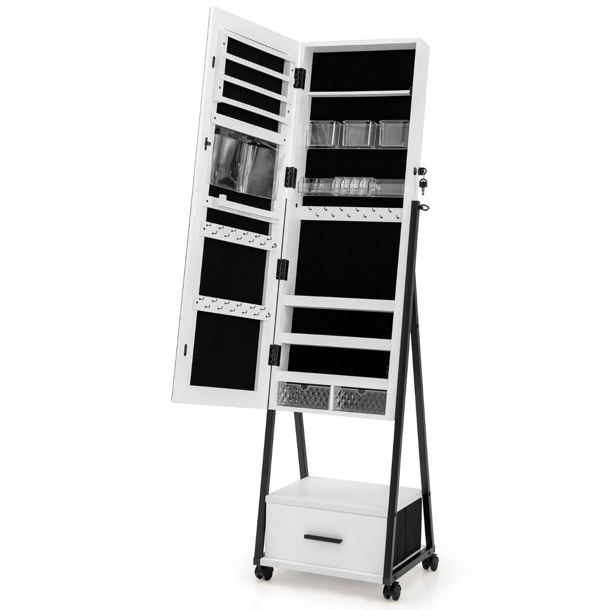 Mobile Standing Lockable Jewelry Cabinet with Full Length Mirror